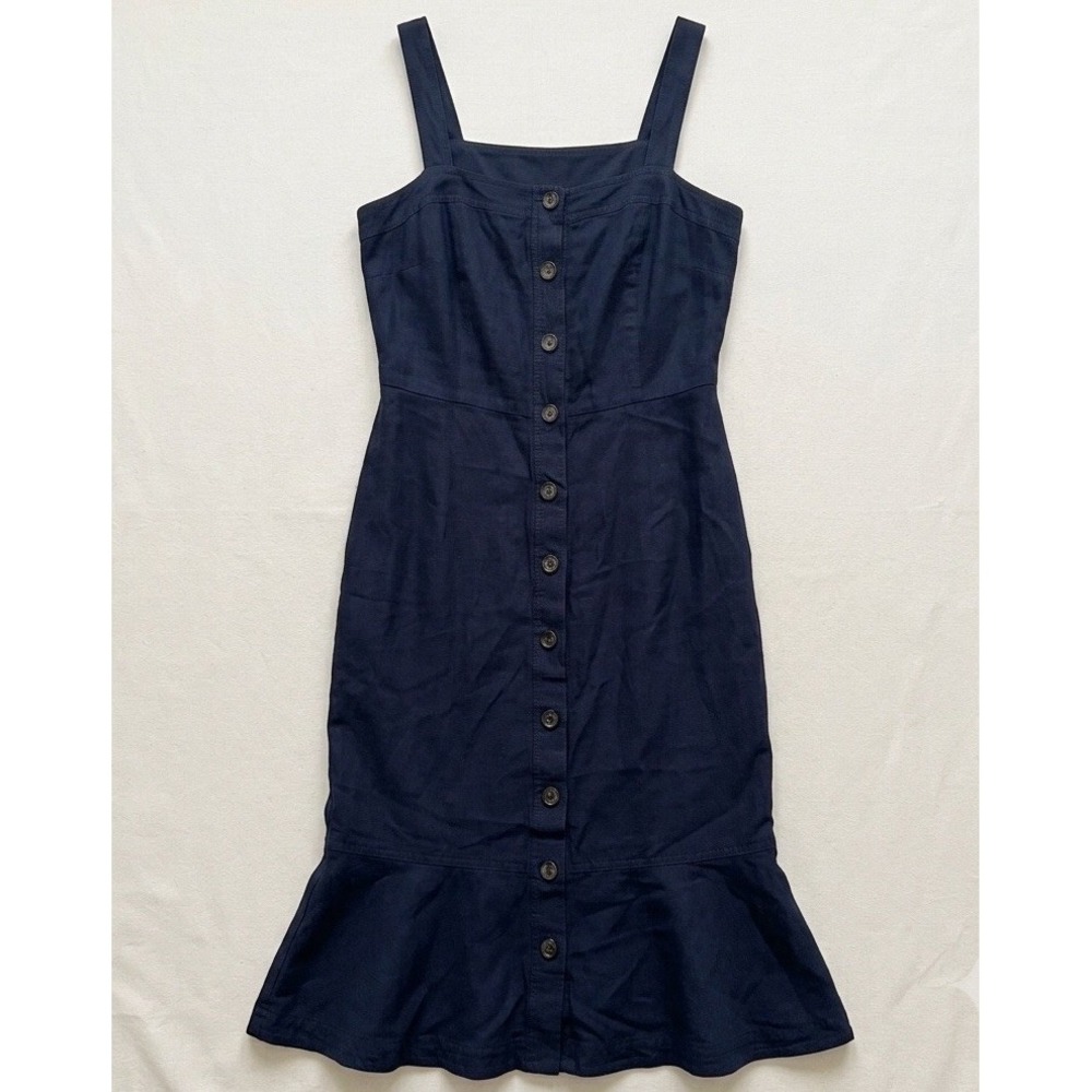 Banana Republic Navy Blue Linen Blend Button Front Midi Dress Flounce Hem 14